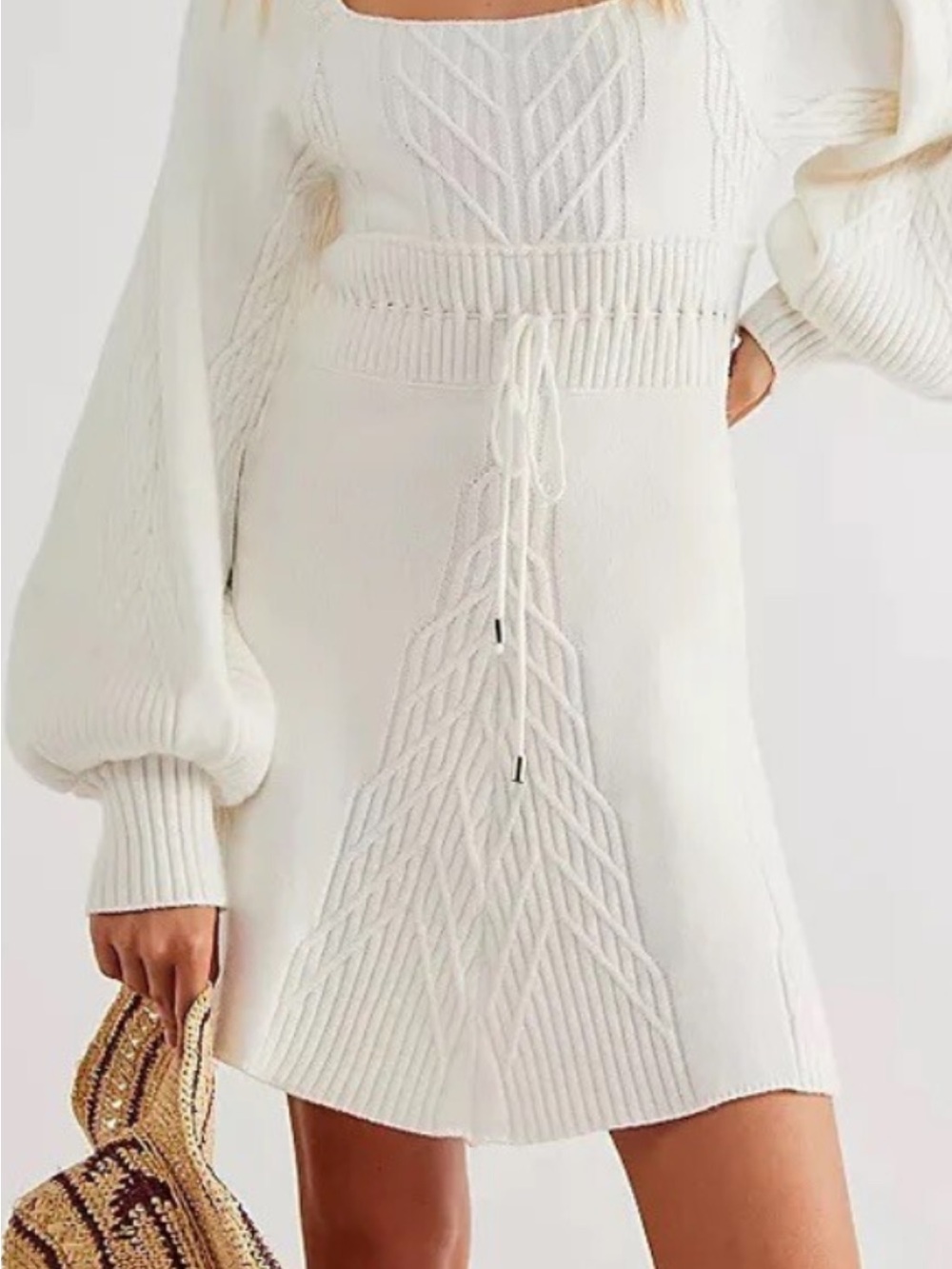Free People Cream Cable-Knit Tie-Waist Mini Dress